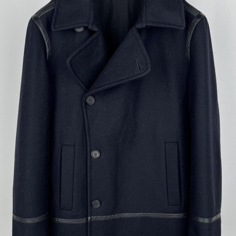 $800 AllSaints Salter Navy Wool Pea Coat Leather Trim- Medium